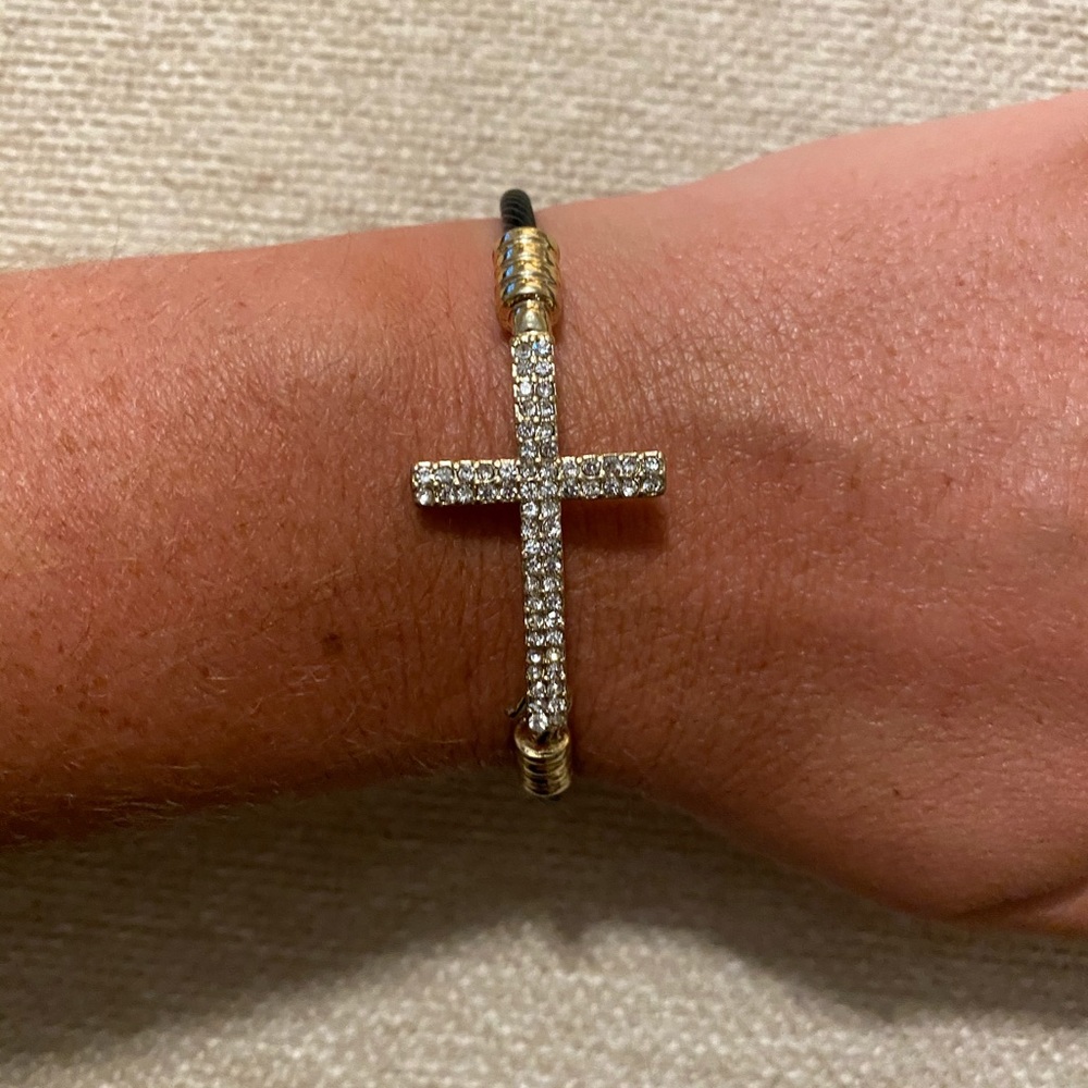 Black cable rhinestone cross bracelet
